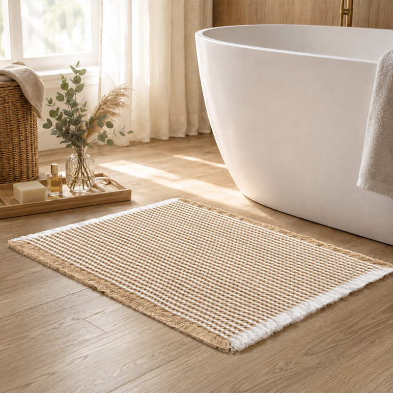 Tapis de bain à franges gaufrées, 20" W x 32" L, Brown/White