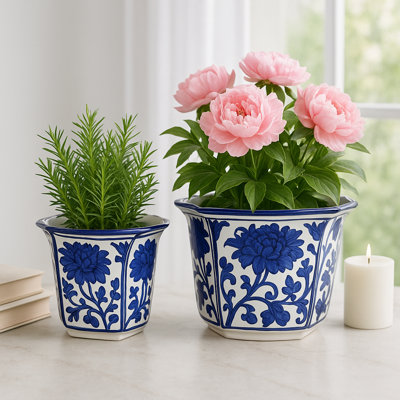 Ceramic Set of 2 Fluted Chinoiserie Planters, Exquisite Blue and White, Perfect for Home Decor
