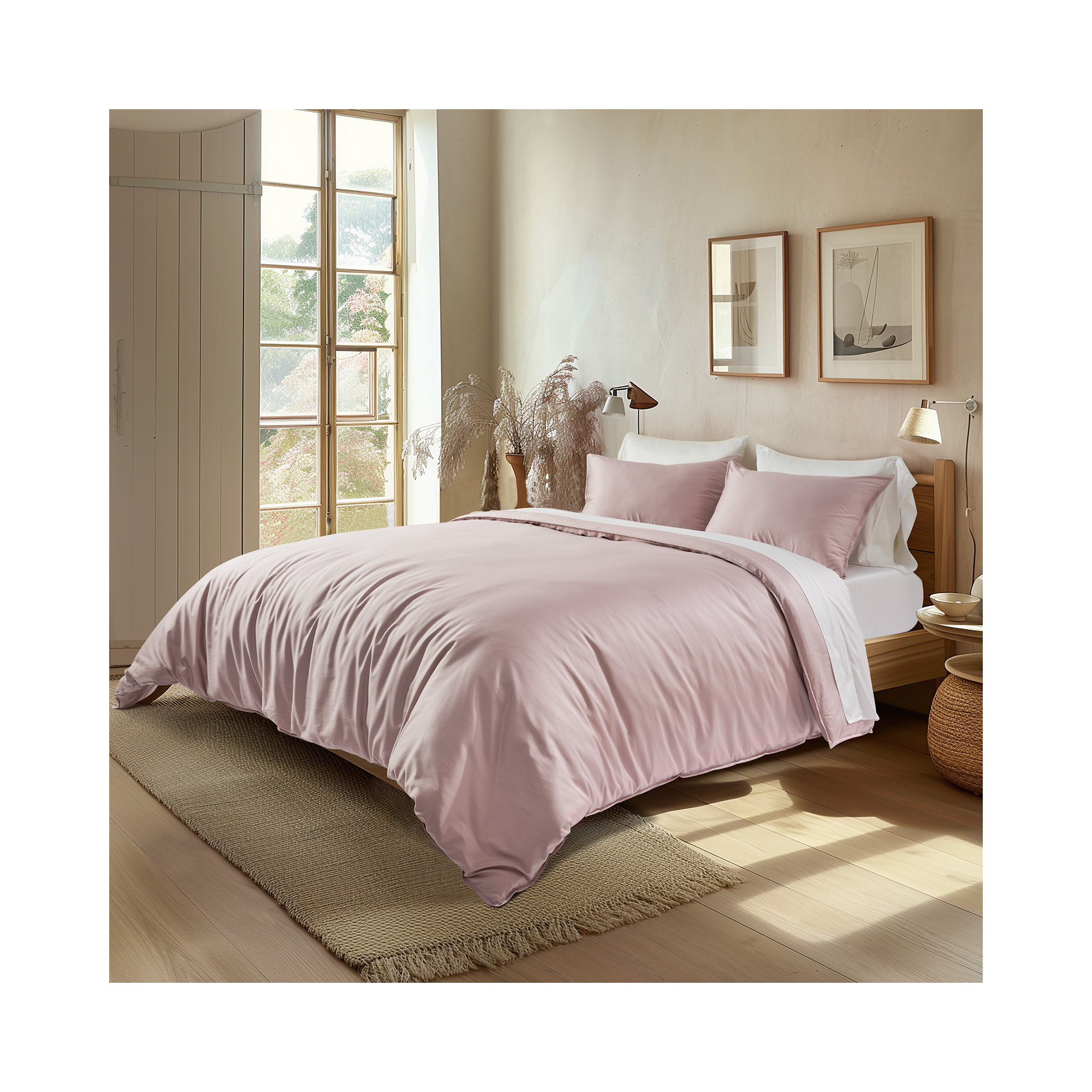 Cotton Tencel Duvet Cover Set, Mauve Pink, Queen Duvet Cover + 2 Queen Shams