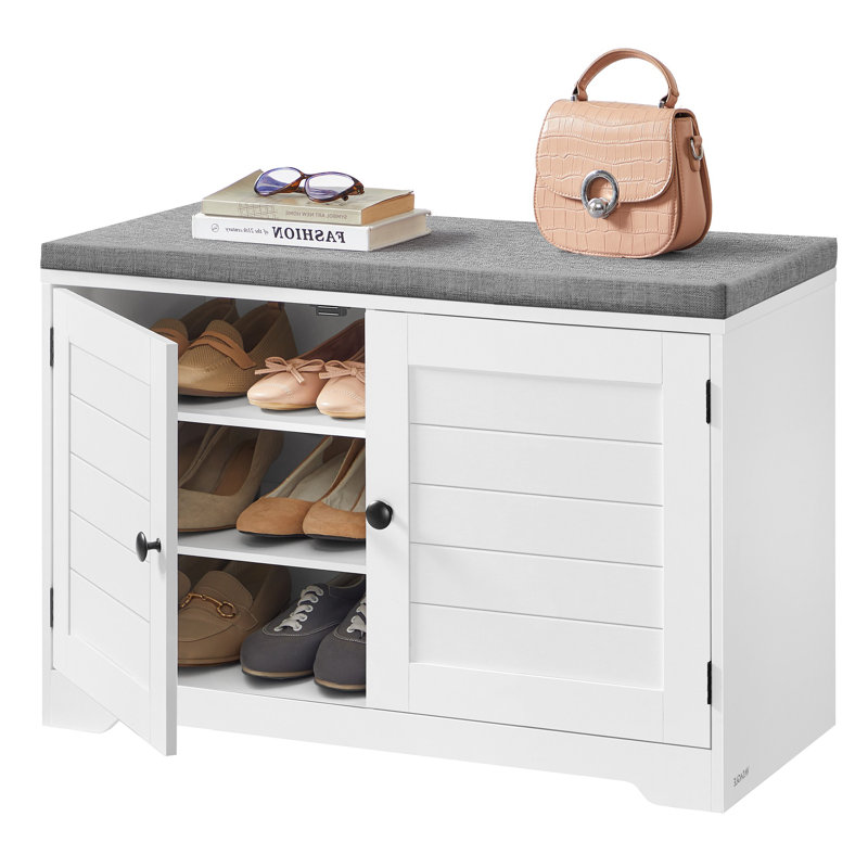 Banc de rangement pour chaussures avec coussin, banc d'entrée à 3 niveaux avec siège rembourré, portes, tablettes réglables, 14 x 31,9 x 20,7 pouces, pour le couloir, la chambre à coucher