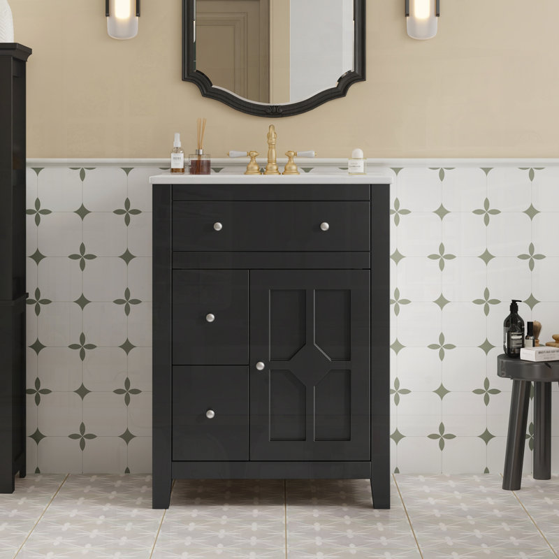 Petit meuble-lavabo moderne avec lavabo à porte en céramique, Noir