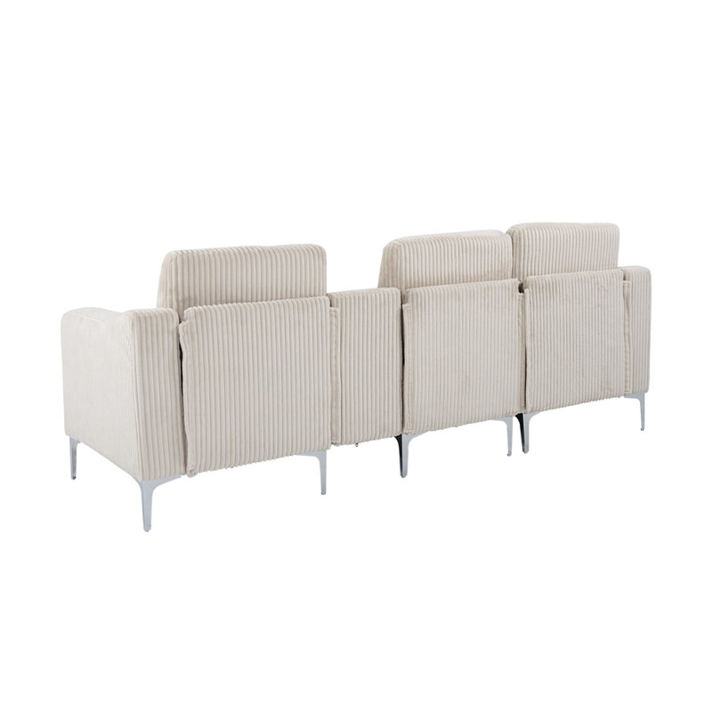 Canapé modulaire convertible en velours côtelé avec porte-gobelets, USB, trois places, Beige