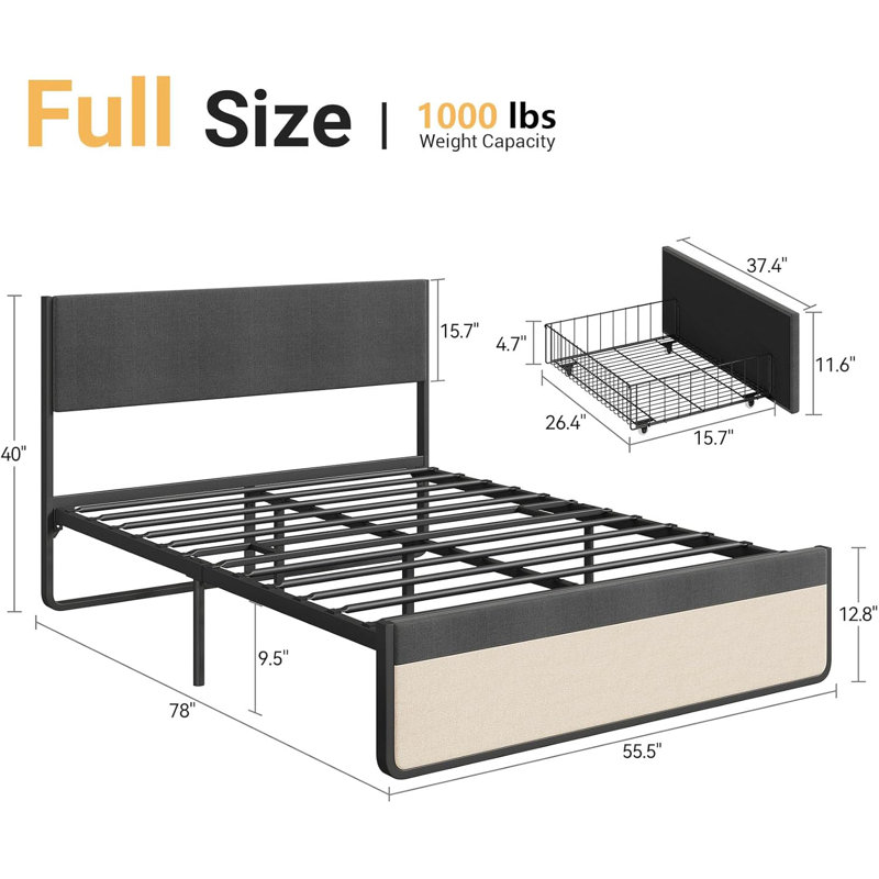 Plush Upholstered Bed Frame, Full XL