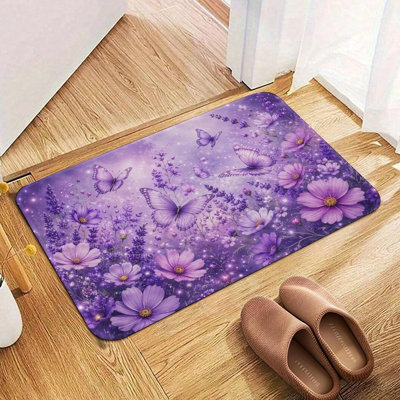 Purple Butterfly Floral Flannel Floor Mat, Non Slip Washable Rug for Kitchen Entryway Home Decor, 16 x 24 in