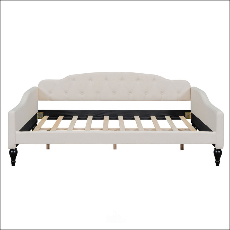 Full Size Beige Upholstered Tufted Daybed