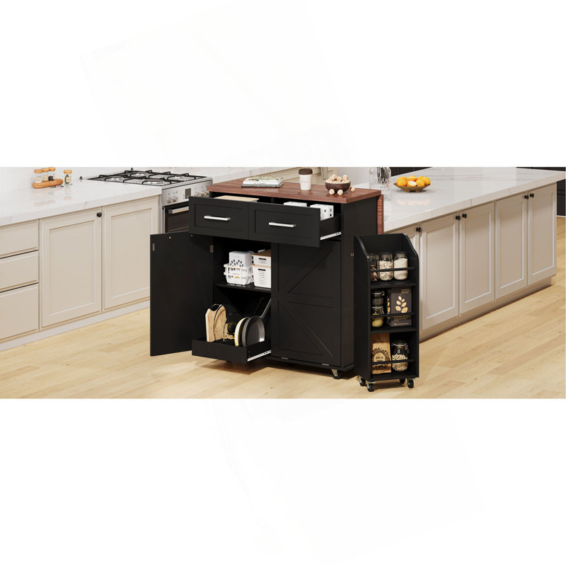 Îlot de cuisine de 47,2 po avec abattant, îlot de rangement avec supports latéraux amovibles, deux tiroirs, chariot de cuisine sur roulettes avec porte-serviettes, pour la maison, la cuisine, la salle à manger