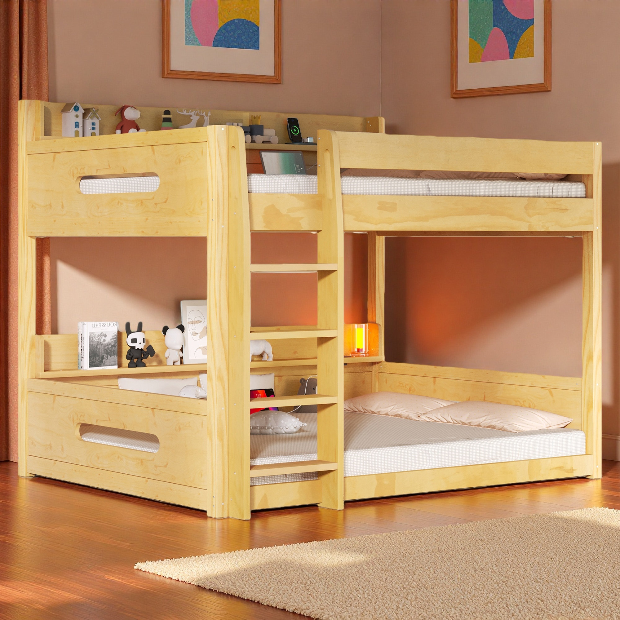 LIHONG Bunk Bed With Storage Shelves, Usb Ports And Safety Guardrails ...