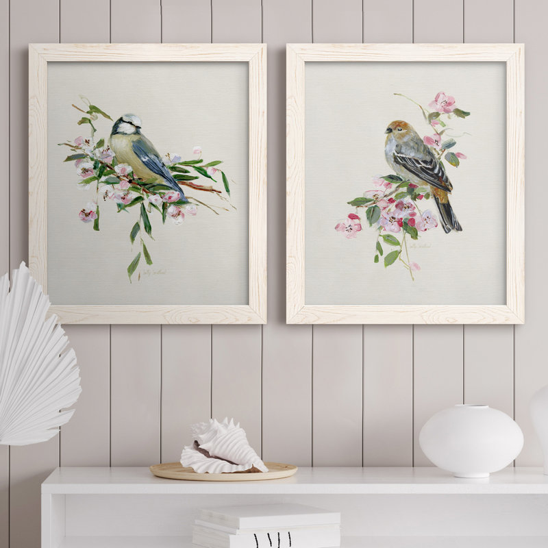 «Spring Song Blue Bird», ensemble de 2 peintures sur toile encadrées, H 37,5 po x l 55 po x P 1,5 po, Blanc