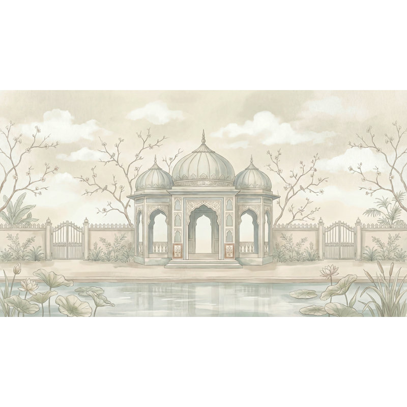 Décoration murale étang de lotus en forme de pavillon de jardin Mughal Pavilion, 140 po x 108 po, Texturé non collé