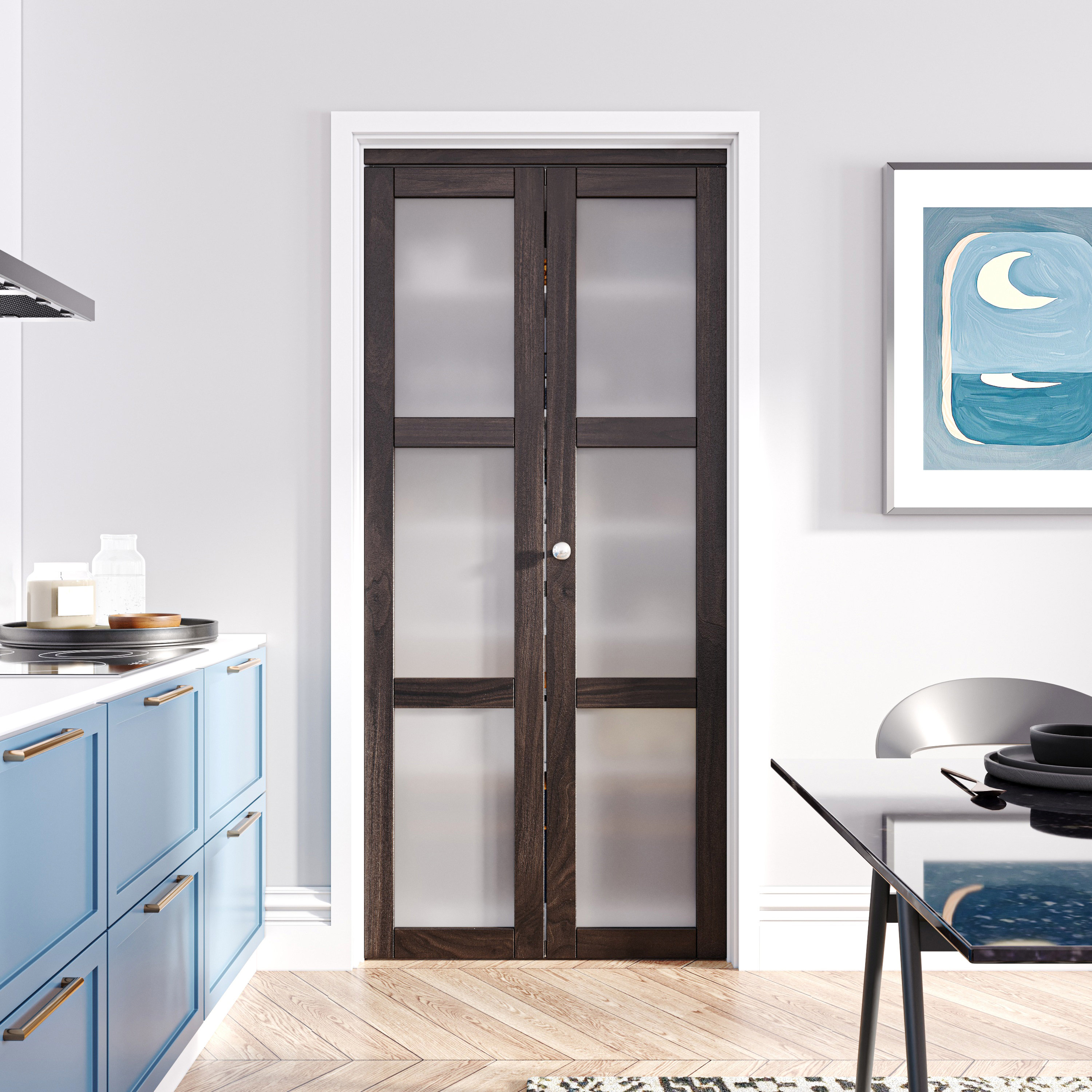 HOZONE 3-Lite Glass Door Solid Manufactured Wood Ancient Wood Color Bi ...