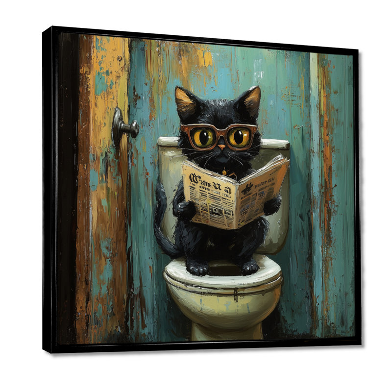 «Cute Cat Ready», journal sur la toilette II - art mural chat, H 16 po x l 16 po, Impression encadrée flottante