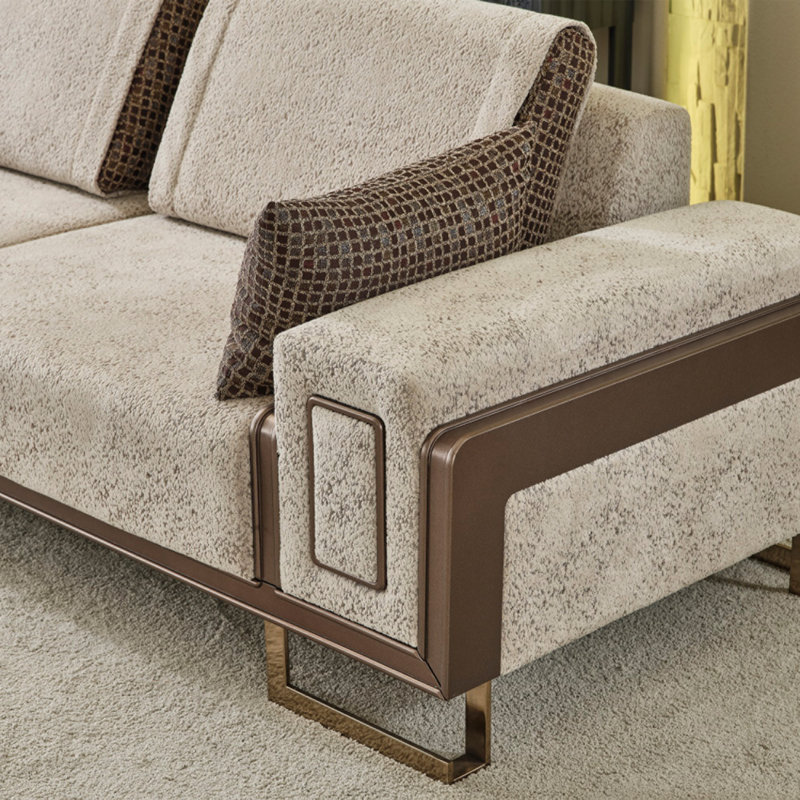 Beige and Brown Textured Fabric 5-Piece Living Room Set with Gold Metal Legs