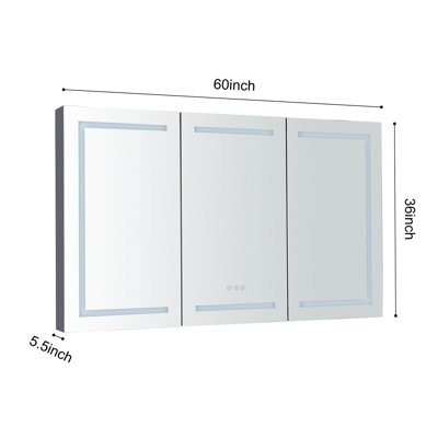 Armoire à pharmacie 60 po x 36 po à DEL avec miroir, douilles et tablettes en verre réglables, à intensité variable, antibuée