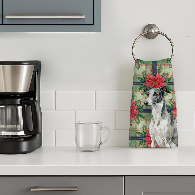 Black and White Greyhound Christmas PoinsettIas Kitchen Towel, Black/White Greyhound