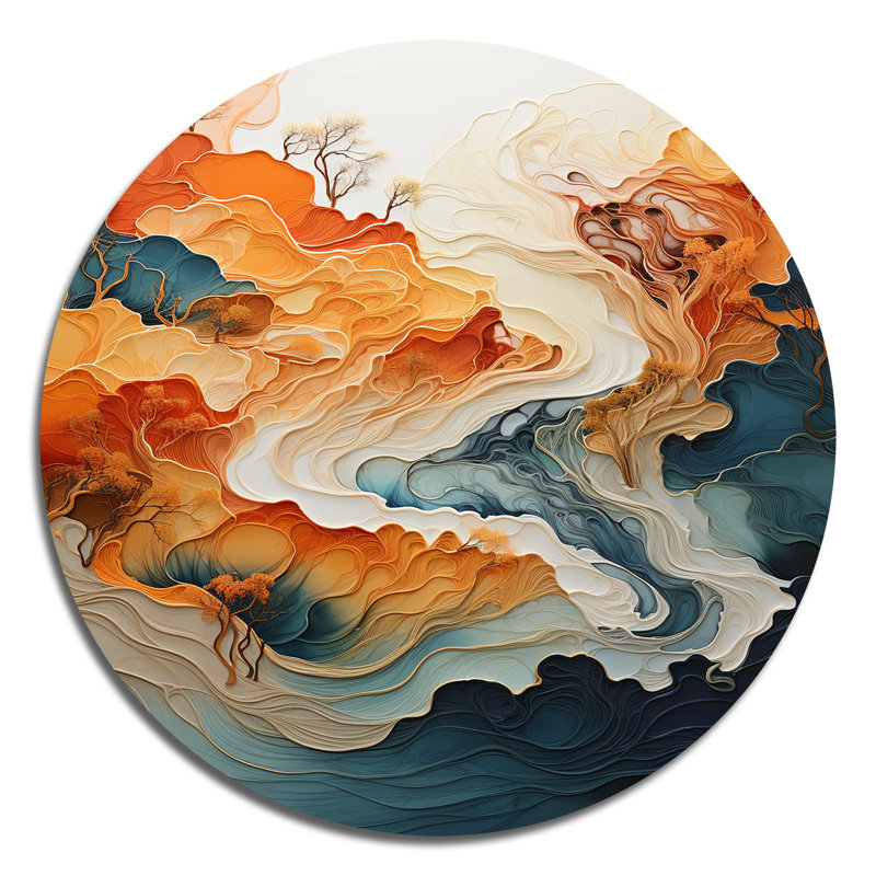 Abstrait orange et bleu rivière encre I - Art abstrait rond en métal, H 29 po x l 29 po