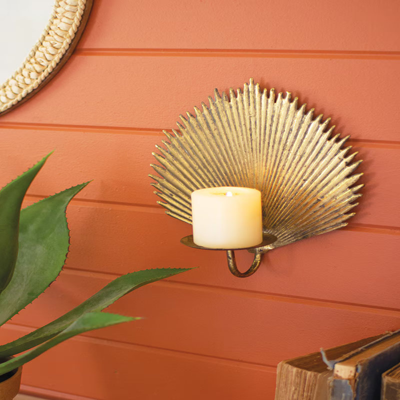 Kalalou Candle Sconce 12.5"H, Botanical Palm Leaf Candle Wall Decor – Set of 2, Gold Metal Wall Lights