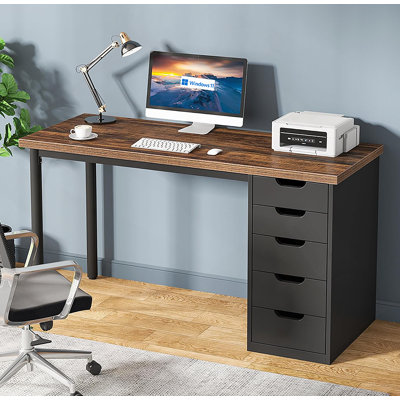 47-Inch Modern Computer Desk With 5 Drawers & Reversible Cabinet, Rustic Brown & Black, Ideal For Small Spaces And Home Offices