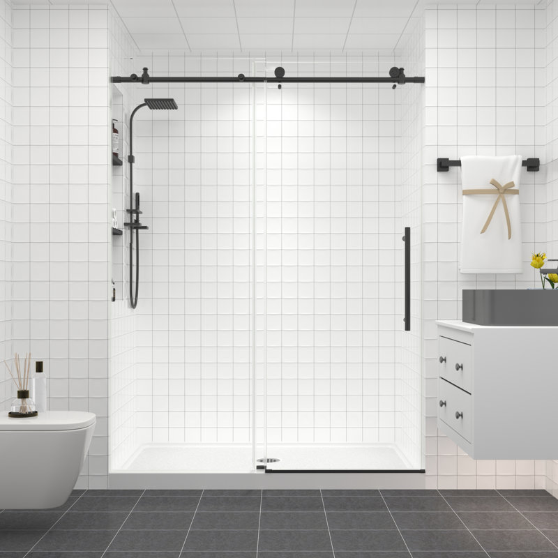 44-48" W x 76" H Sliding Frameless Shower Door with 1/4" (6mm) Clear Tempered Glass in Matte Black Finish, Soft-Close, Easy-Clean Coating, Explosion-Proof Film, Stainless Steel Accessories