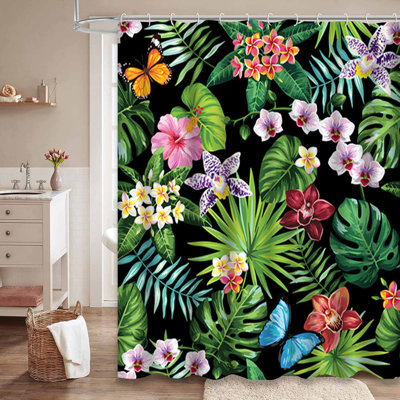 Rideau de douche imperméable à motif floral et palmier avec 12 crochets