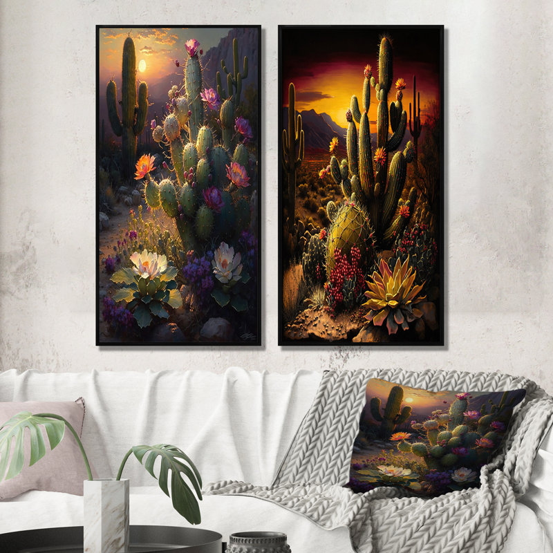 «Cactus In Desert», 2 pièces sur toile, H 40 po x l 40 po, Cadre noir