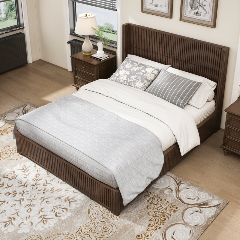 Lit plateforme en bois massif avec tête de lit et lattes en bois, Grand lit, Walnut