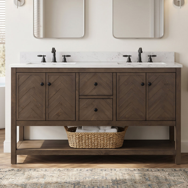 Chazden 60" Freestanding Herringbone Design Double Bathroom Vanity with Engineered Stone Top, Cocoa Brown, Matte Black