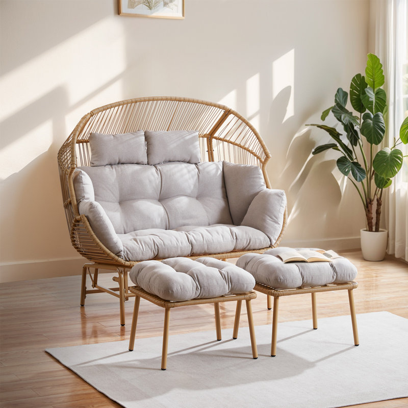 Corenda Hammock Double Swing Chair with Ottomans, Beige, Yellow