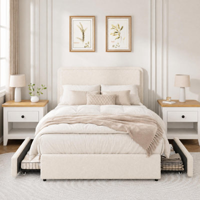 Lit plateforme simple avec 2 tiroirs de rangement, beige