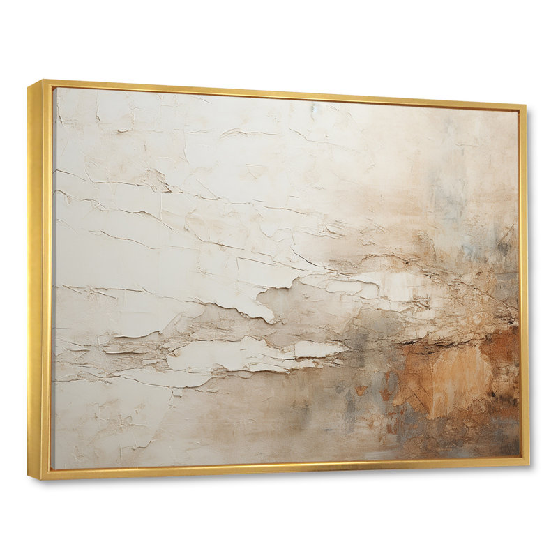 «Beige and Brown Paint Fusion», peinture abstraite sur toile, H 16 po x l 32 po, Reproduction avec cadre flottant, Doré