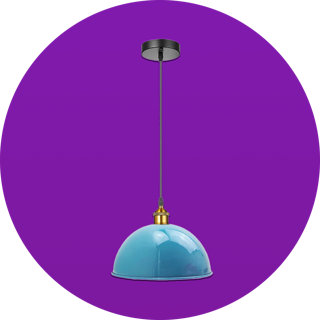 Glossy light blue dome pendant light with a brass fixture and black cord against a purple circular background.