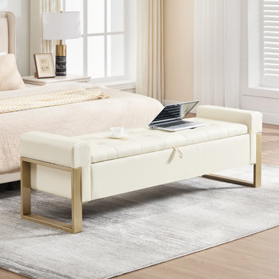 Upholstered Flip Top Storage Bench With Metal Feet
