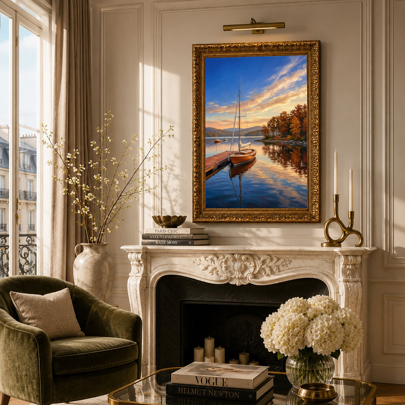 Voilier à quai en bois à côté d'arbres d'automne orange, art mural, 30"H x 20"W
