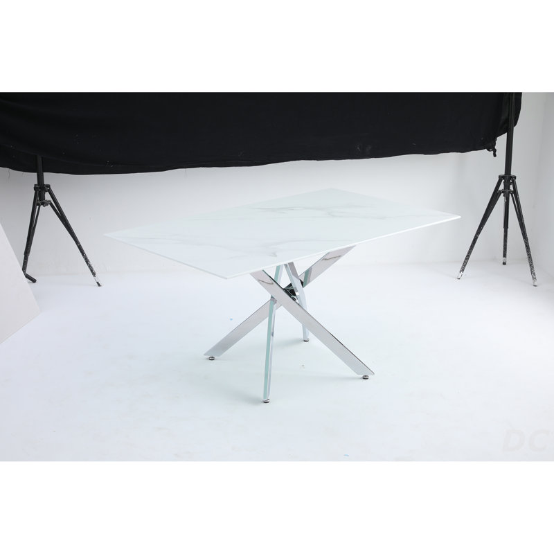 Table rectangulaire moderne en verre trempé et cadre en fer argenté