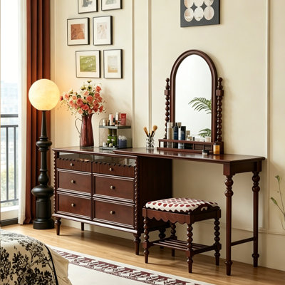 Table de coiffeuse rétractable en bois massif rétro avec armoire de tiroir de rangement