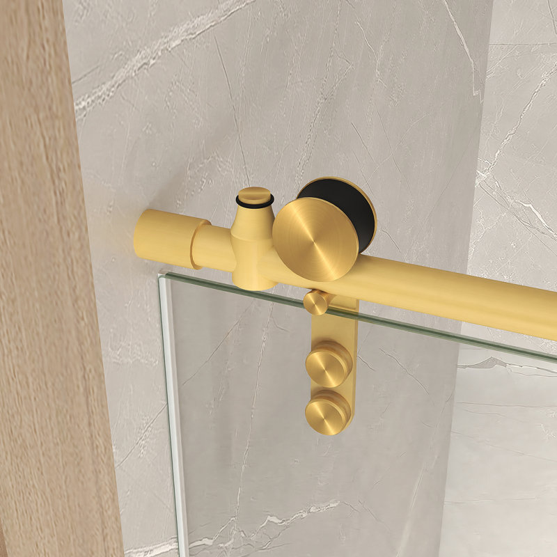 Porte de douche coulissante sans cadre de 56 à 60 po x 76 po, verre trempé transparent de 5/16 po (8 mm), cadre en acier inoxydable, or brossé