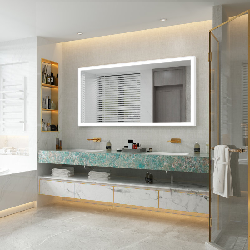 Miroir de salle de bain mural avec cadre DEL, Blanc, 36 po x 72 po