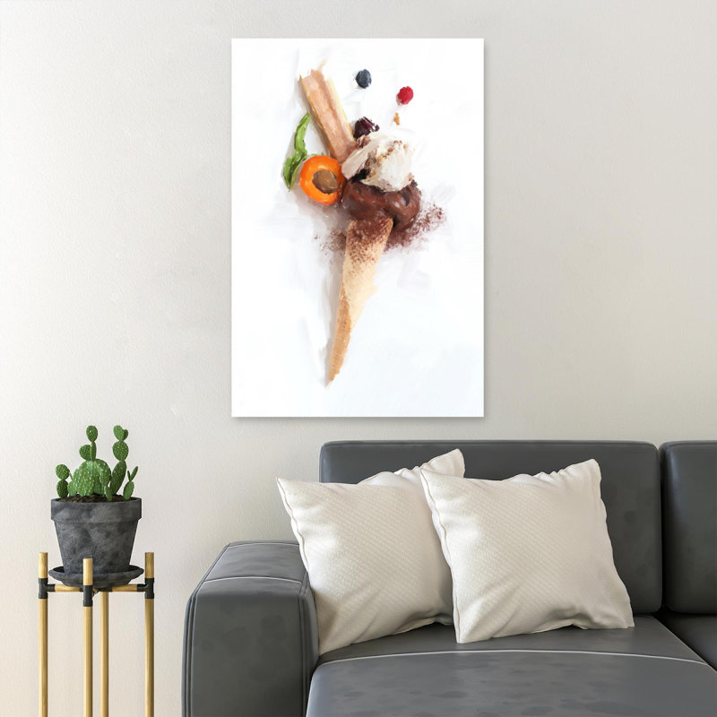 Cône de crème glacée brune avec crème glacée et tranches de tomate - 1 pièce, impression sur toile tendue, H 20 po x l 16 po