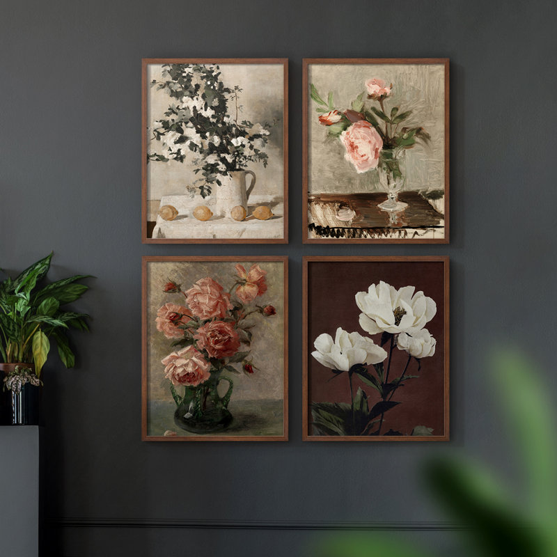 «Vintage Floral CCSCXXV III», 4 pièces sur papier, H 14 po x l 44 po, Noir