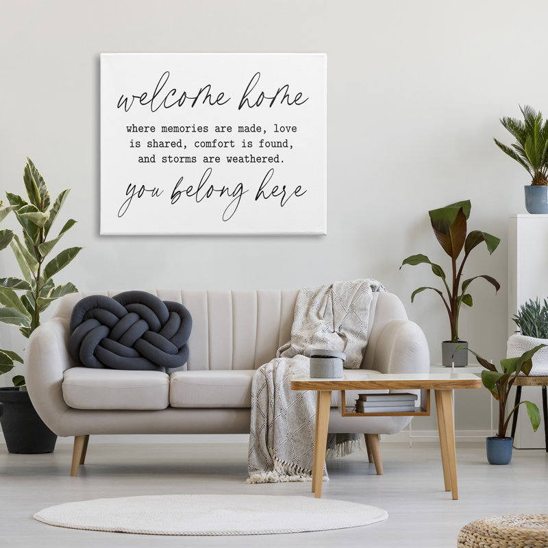 «Welcome Home Belonging Family» par lettrage et doublure - impression sur toile tendue, H 36 po x l 48 po x P 1,5 po