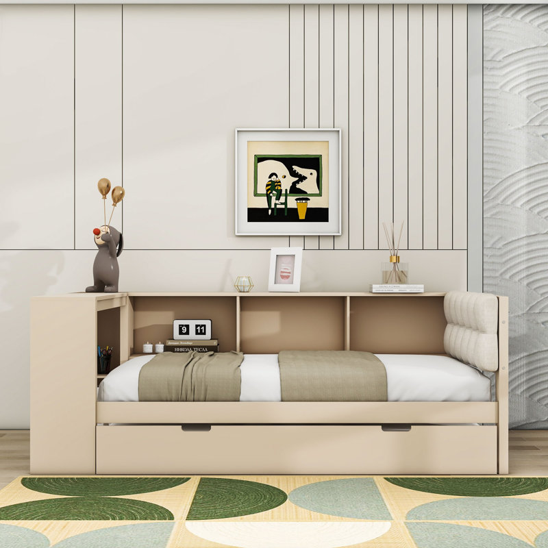 Lit de jour en bois avec couchette, station de charge et tablettes de rangement, Lit simple, Crème