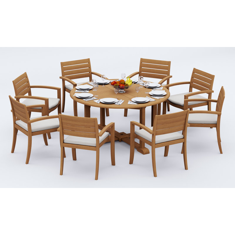 4 Seats 5 Pcs Grade-A Teak Wood Dining Set: 60" Round Table And 4 Travota Stacking Arm Chairs #11TV1204, 8