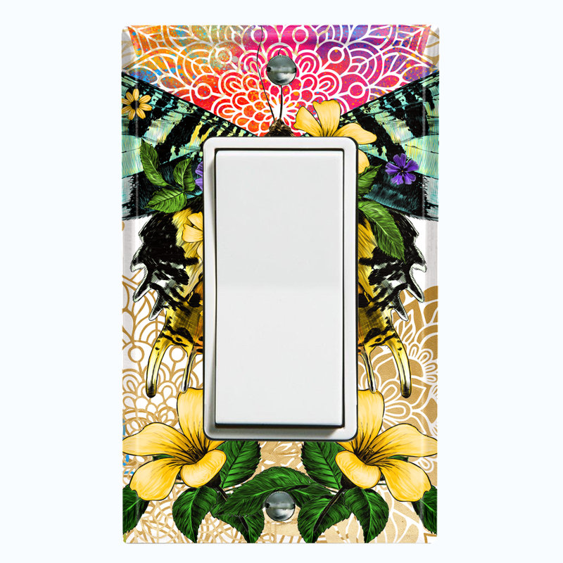 Plaque murale à interrupteur à bascule vert avec fleurs jaunes et arc-en-ciel Mandala