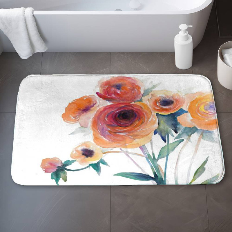 Watercolor flowers Bath Mat with Non-Slip Backing - Quick Dry Memory Foam Bathroom Rug - Absorbent - Modern Plush Spa-Style - Machine Washable