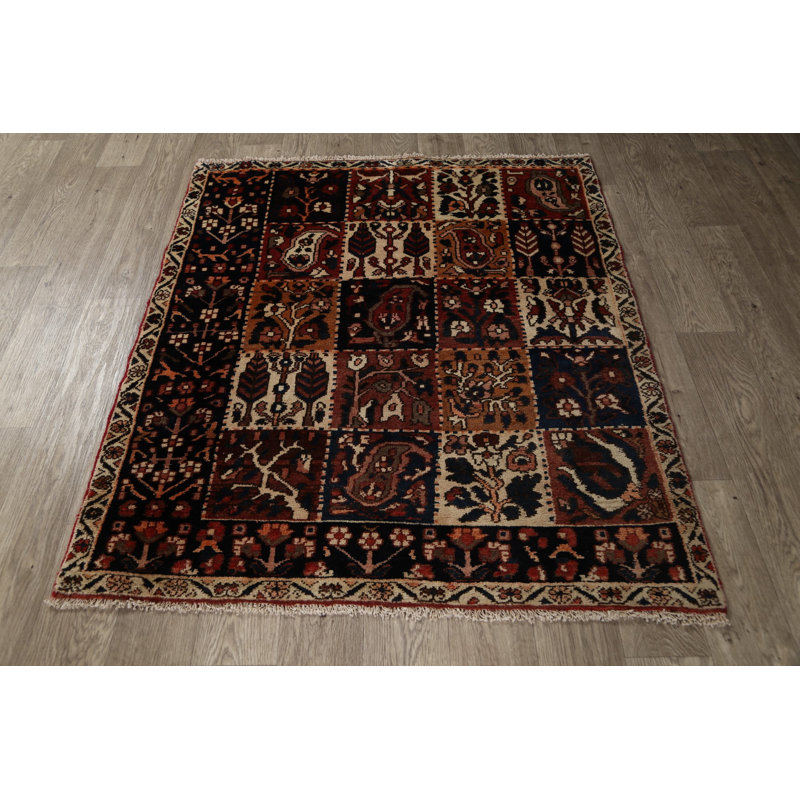 Tapis unique en laine noué à la main beige, brun et bleu des années 3 3 pi 11 po x 4 pi 7 po Hassani
