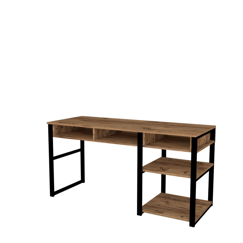 Modern Multipurpose Study Desk, Walnut & Black, 59.1 x 29.8 x 23.0 inches | 100% Melamine Coated Particle Board, Thickness: 0.7 inches | Sturdy Metal Legs, Additional Storage | Industrial Design for Home Office