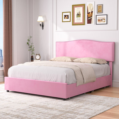 Auxter Bed Frame With 4 Storage Drawers, Upholstered Platform Bed Frame With Adjustable Headboard, Heavy Duty Mattress Foundation With Wooden Slats, N by Wade Logan