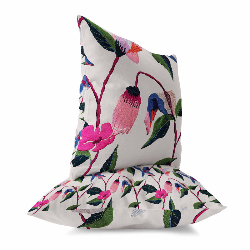 Coussin intérieur / extérieur Nature's Emb broderie, Carré 26 po, Vert/beige/rose