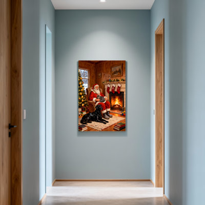 Christmas Santa With Cat And Dog By Fireplace