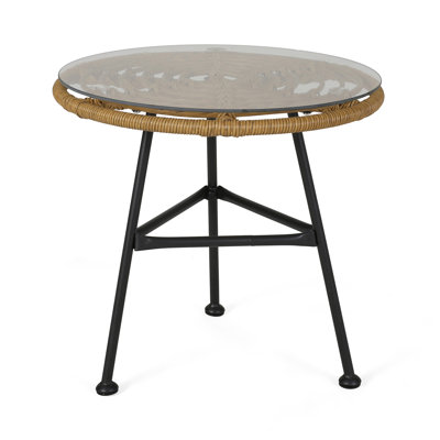 Orlando Outdoor Glass Top Faux Rattan Side Table,Tempered Glass Top End Table For Balcony Porch Deck