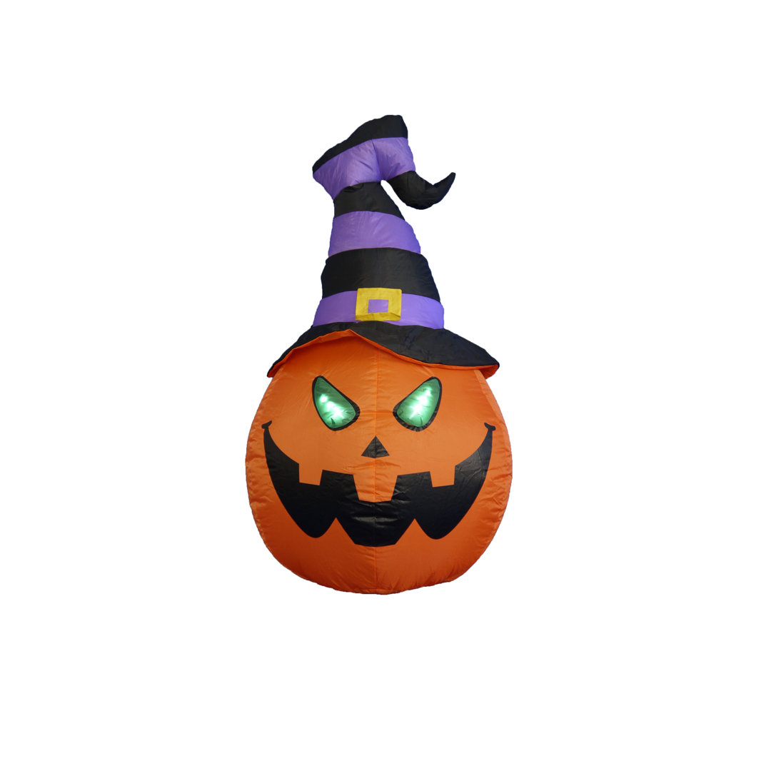 4 Foot Tall Lighted Happy Halloween Inflatable Pumpkin with Witch Hat Indoor / Outdoor Holiday Blow Up Garden Yard Decoration BZB Goods
